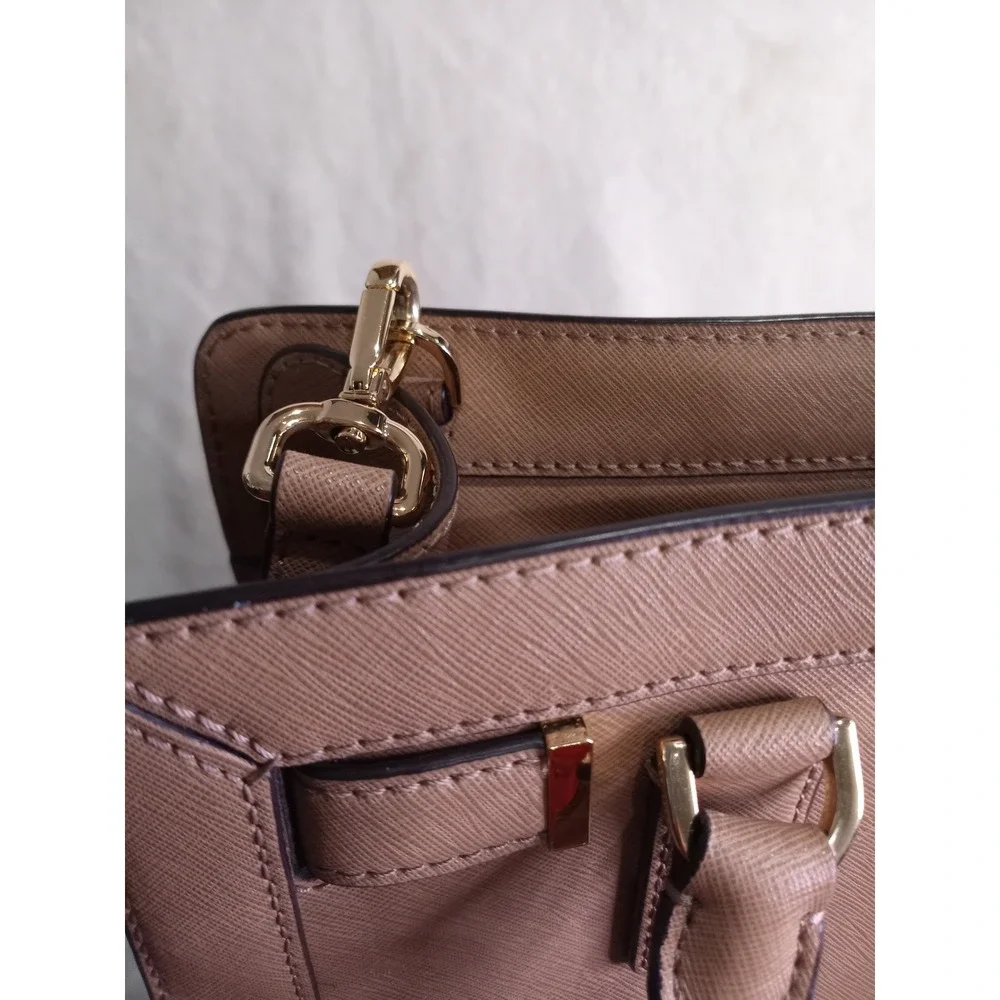 Michael Kors Dillon Saffiano Leather Satchel Crossbody Bag Tan Gold Hardware